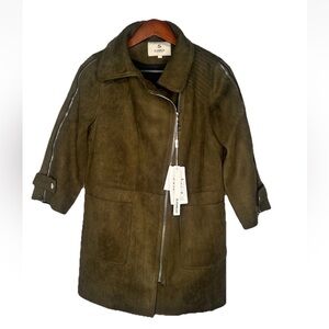Suede Jacket Womens  L Sage Green Front Zippers & Pockets Olanmear 3/4 Sleeve